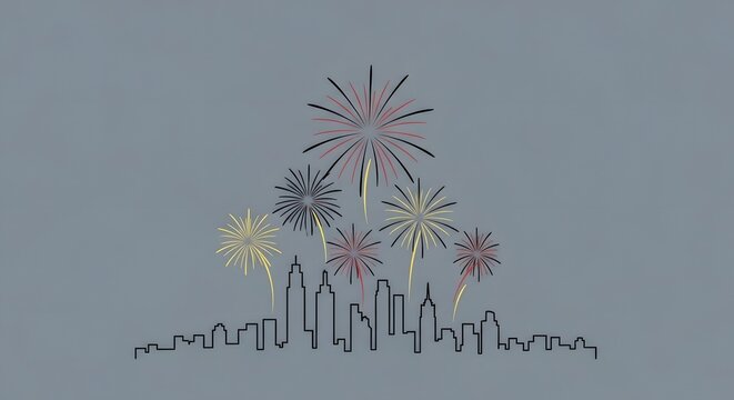 Fireworks Display Over City Skyline in Night Sky with Colorful Explosions