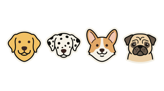 Collection of cute dog sticker icons featuring Labrador Retriever, Dalmatian, Corgi, and Pug