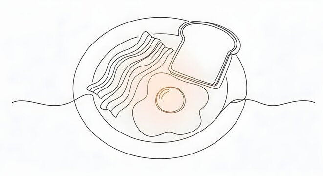 Minimalist Line Drawing of Breakfast Plate with Bacon Toast and Egg