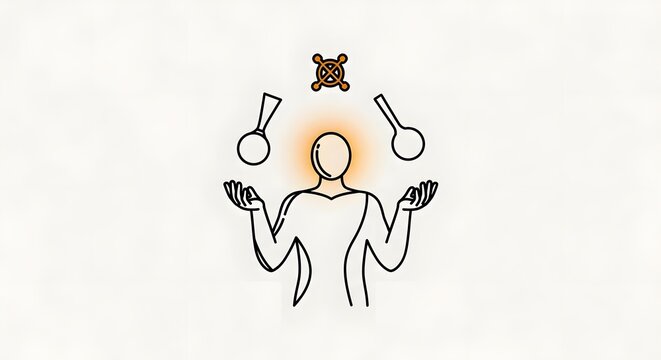 Minimalist Line Drawing of Juggling Performer with Bowls and Fire Element