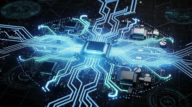 Futuristic glowing microchip circuit board with digital technology and electronic connections
