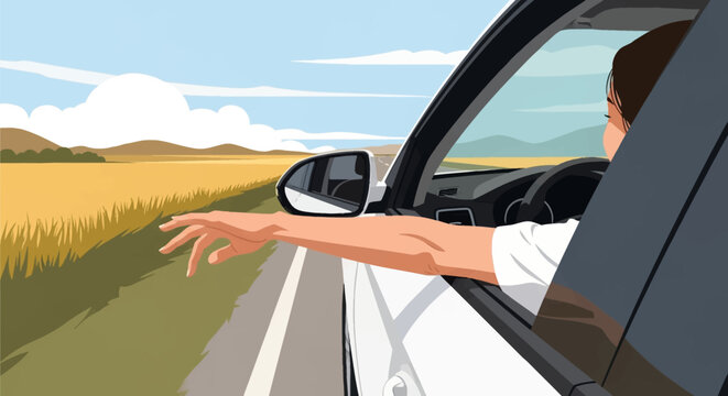 Flat vector illustration of a woman's arm extended out of a car window, driving through a rural landscape with golden fields and a blue sky during a summer road trip.