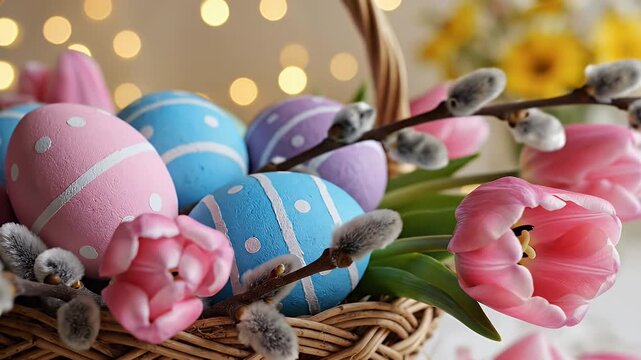 Pastel Easter Eggs in a Wicker Basket with Pink Tulips and Pussy Willow Branches