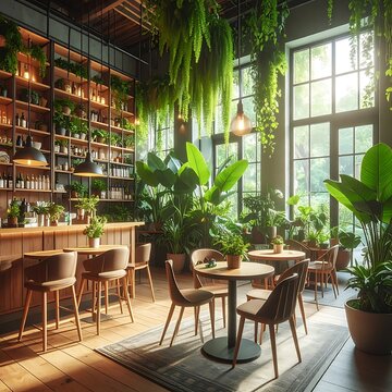 A serene, plant-filled cafe interior with natural light