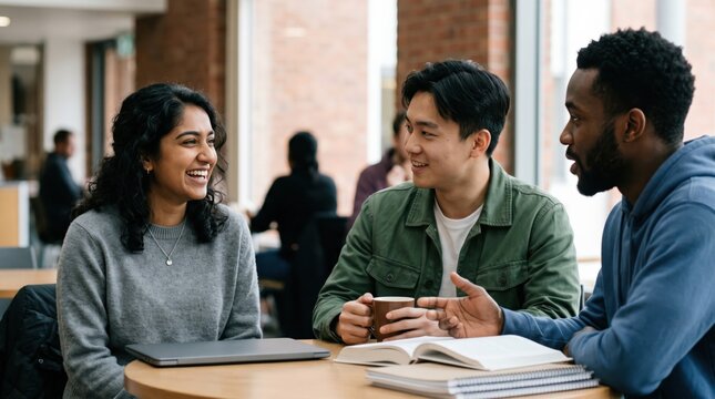Diverse University Students Studying Together in Campus Library Discussing Academic Project
