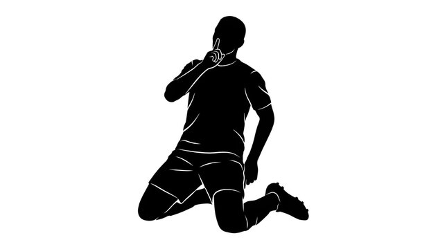 Silhouette of a soccer player kneeling while making a quiet or shush finger gesture.