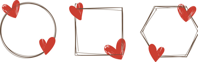 Hand drawn sketch heart frames vector set, decorative circle square and hexagon borders for valentine © Arishfa