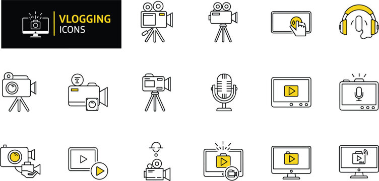 Vlogging icons set with camera microphone headphones screens modern outline style video blogging equipment symbols for content creators streaming and social media design