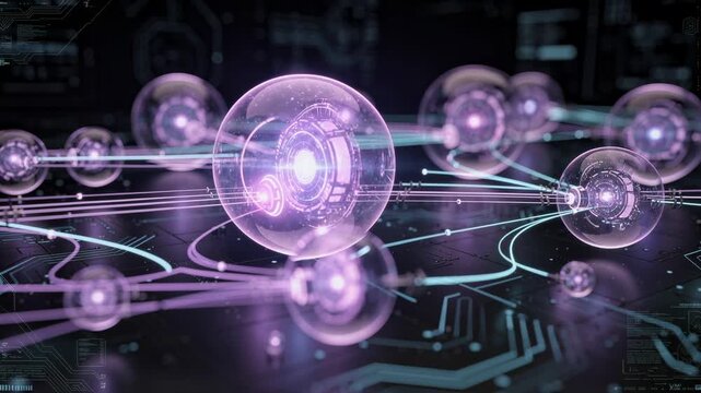 Futuristic glowing digital network with interconnected spheres and light trails representing advanced technology and data flow