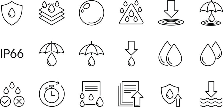 Waterproof and water resistance icon set illustration, IP66 protection symbols, rain droplet moisture safety concepts, industrial weatherproof outline vector