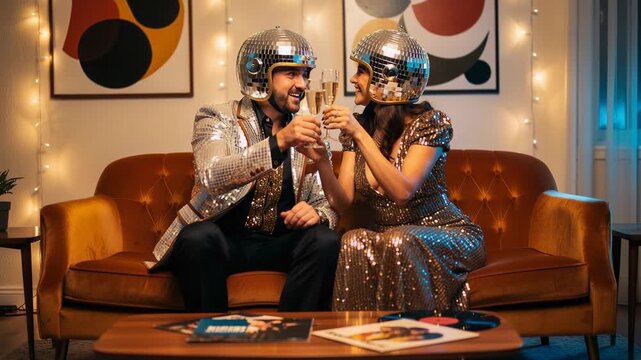 Couple in disco outfits celebrating with champagne glasses on retro sofa in cozy living room