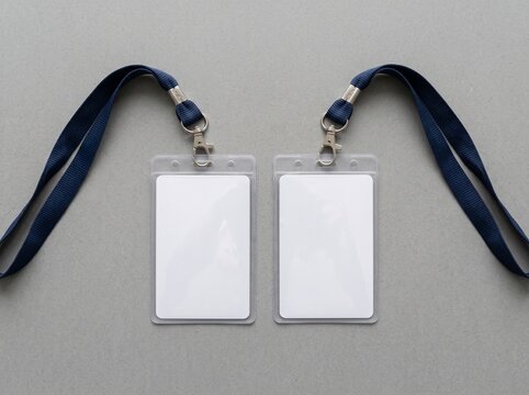 Two blank ID cards with lanyards on a gray surface for identification