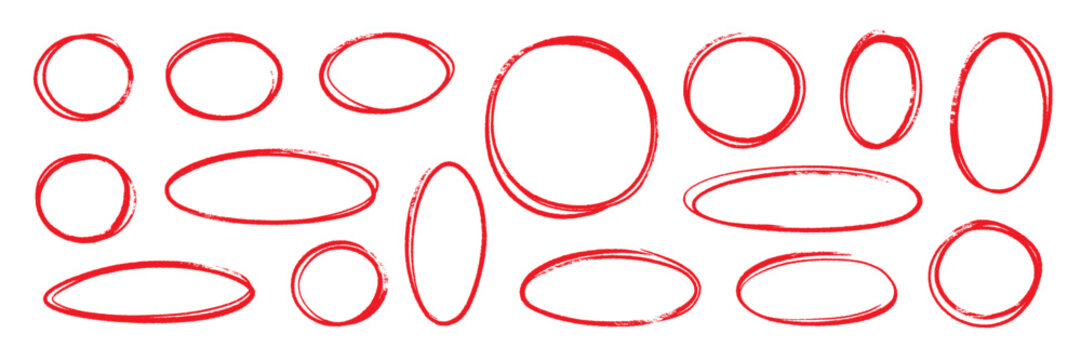 Hand drawn red line brush oval set. Hand drawn line brush pencil oval red color doodle marker chalk pen. Round circle underline frame check sign bubble texture background. Vector illustration