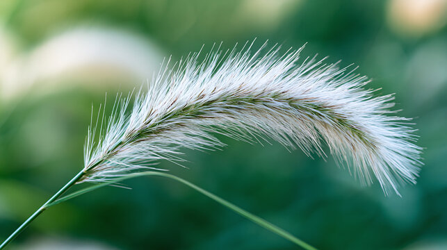 Close-up of white fluffy foxtail grass swaying gently against a bright blurred green field, spring nature background concept, hay fever awareness, tranquil meadow macro photography