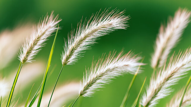 Close-up of white fluffy foxtail grass swaying gently against a bright blurred green field, spring nature background concept, hay fever awareness, tranquil meadow macro photography