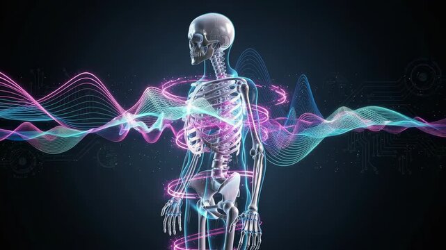 Digital human skeleton with glowing energy waves and futuristic technology background