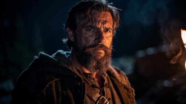 Portrait of a rugged bearded man in medieval clothing by firelight at night outdoors