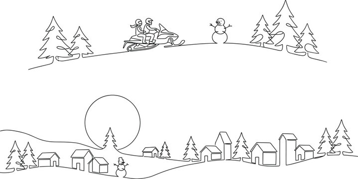 Winter landscape line art illustration with snowy village, pine trees, snowman, and snowmobile in a minimal continuous outline style