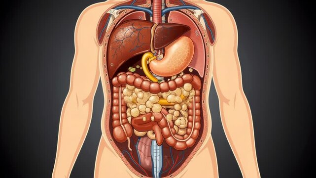 Detailed human digestive system illustration showing internal organs and anatomy in realistic style