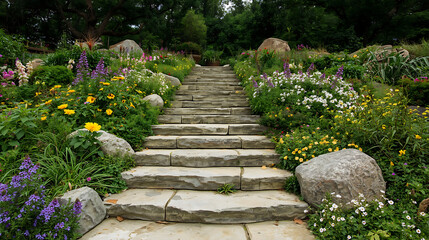 Obraz premium This AI-generated image features rustic stone stairs winding through a lush, colorful garden filled with wildflowers and dense trees