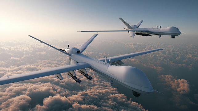 Two military drones flying in the sky with scattered clouds, showcasing modern unmanned aerial vehicle technology used for surveillance, reconnaissance, and defense operations. Military drone flies