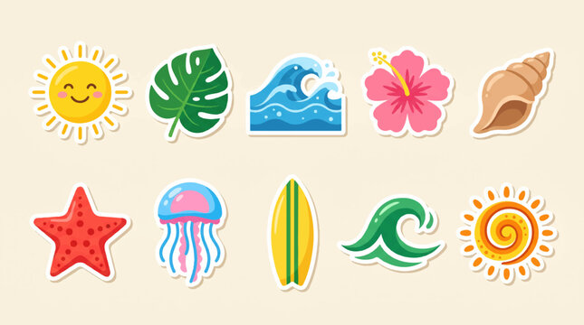 Cute hand drawn summer beach sticker set with colorful tropical patches, smiling sun, ocean waves, monstera leaf, hibiscus flower, seashell, starfish, jellyfish, and surfboard illustration.