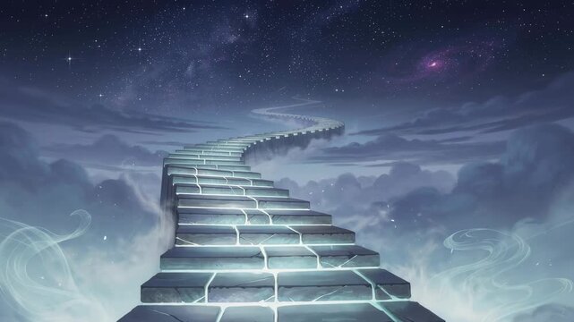 Mystical stone staircase leading through clouds into starry night sky with cosmic galaxy and mist