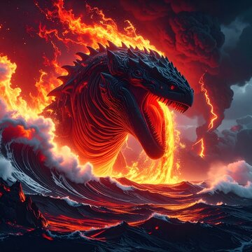 Colossal obsidian leviathan rising from a burning ocean amidst a violent volcanic storm, its jaws wide with roaring flames and molten energy in a dramatic cinematic display.