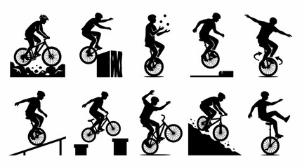 Fototapeta premium Silhouette illustrations of people performing tricks on bicycles and unicycles