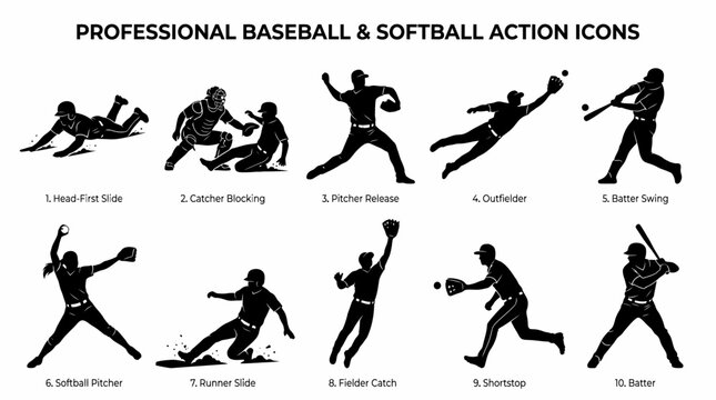 Professional Baseball and Softball Action Icons Set