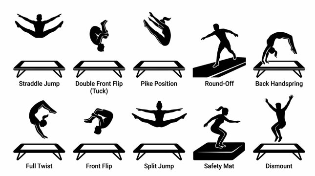 Trampoline gymnastics illustrations with various moves