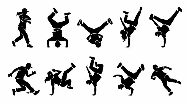 Black silhouette illustrations of people performing breakdancing moves