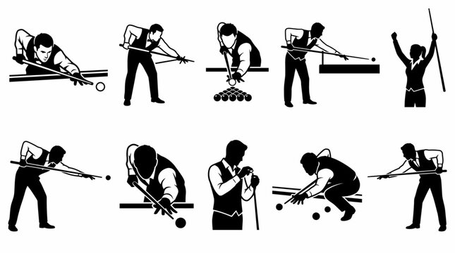 Black and white vector illustrations of various pool players in action