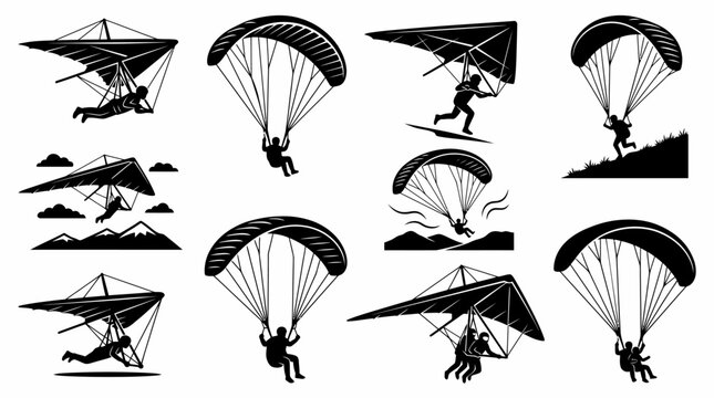 Black silhouette vector icons of paragliders and hang gliders in various poses and landscapes