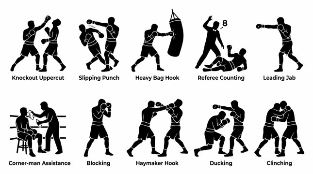 Vector illustration of various boxing techniques and moves