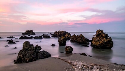 Obraz premium Coastal scene features rocks amidst a pink-tinged sky over the ocean, evoking tranquility