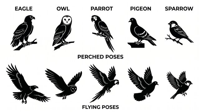 Collection of bird silhouettes including eagle owl parrot pigeon and sparrow in perched and flying poses perfect for nature or wildlife illustrations