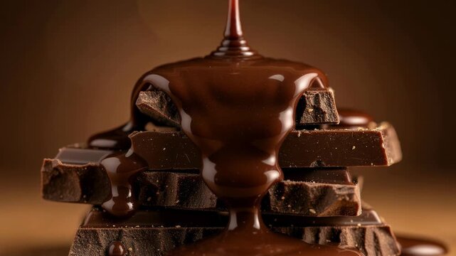 Delicious melted chocolate pouring over stacked dark chocolate pieces close up