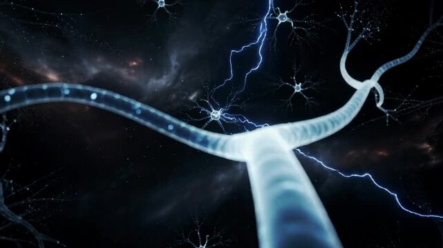 Close up view of glowing neurons with electric impulses in dark space background illustrating brain activity