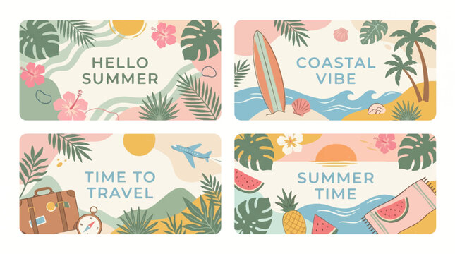 Cute hand drawn summer horizontal banner set with tropical leaves, coastal vibe surfboard, time to travel suitcase, and summer time beach elements.