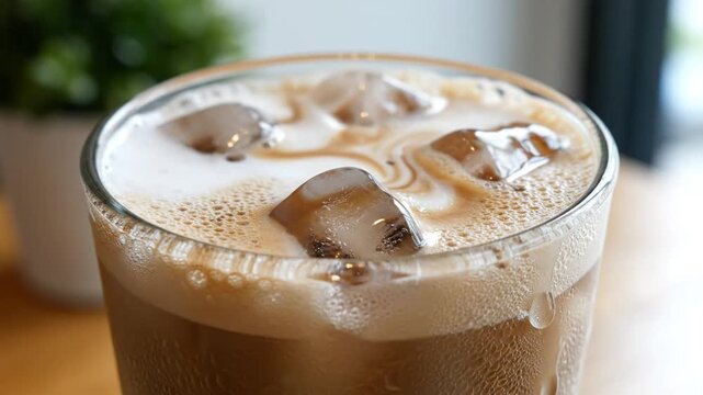 Macro shot of an ice cube falling into a glass of iced latte, highlighting the thick layer of creamy microfoam, bubbles, and condensation on the glass surface indoors.