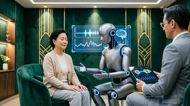 A humanoid robot with a gentle, non-threatening design sits across from a patient, facilitating a therapy session. A human therapist observes subtly from the side, holding a tablet with biometric feed