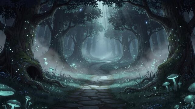 Magical enchanted forest pathway with glowing mushrooms and mystical lights in a foggy woodland