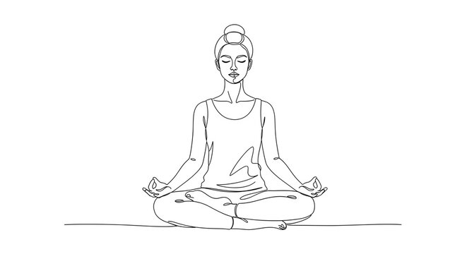 Calm Young Woman Practicing Meditation Sitting Cross Legged in Minimalist Line Art
