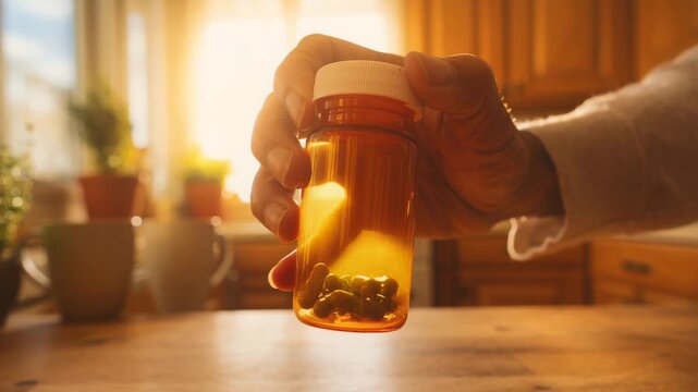 Hand holding a transparent pill bottle with capsules in a sunlit cozy kitchen setting