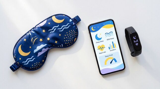 Sleep mask, smartphone app and fitness tracker on white background, showing sleep monitoring, wellness, insomnia care and nighttime health technology concept.