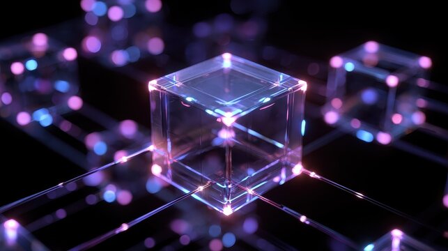 Abstract blockchain node chip linked by light beams, Futuristic abstract, violet cyan, 3D render, dark background, global network theme.