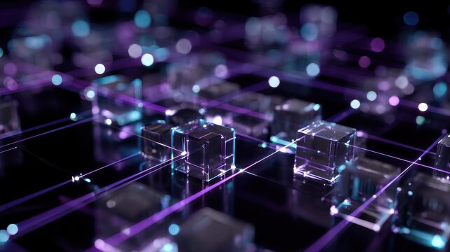 Abstract blockchain node chip linked by light beams, Futuristic abstract, violet cyan, 3D render, dark background, global network theme.