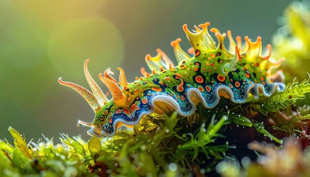 Vibrant and colorful nudibranch sea slug with elaborate frills and patterns slowly moving on green foliage
