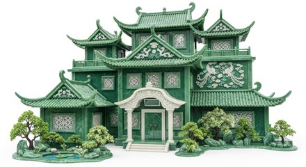 Obraz premium A miniature model of an ornate green Asian-style building with pagoda roofs and intricate details surrounded by trees and bushes